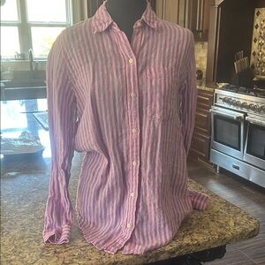 Gap Sz XS 100% Linen Pink and Blue Striped Boyfriend Fit Button Down Shirt GUC